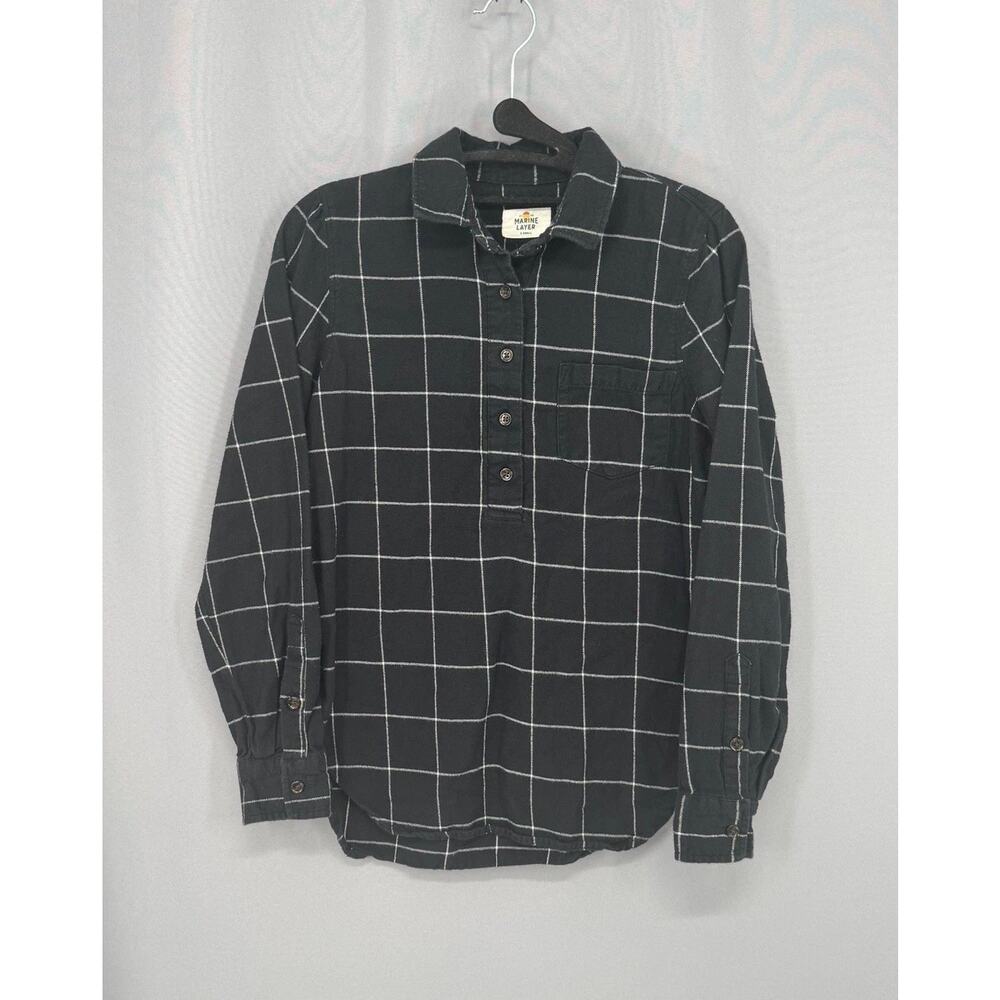 Marine Layer Shirt Womens XS Black White Windowpane Plaid Popover Henley Outdoor